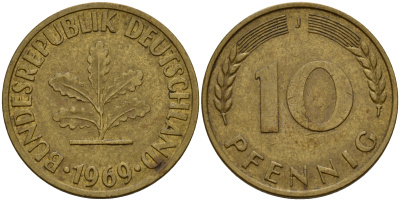 ФРГ 10 пфеннигов 1969 J J. 383, KM 108 сталь плакированная латунью    4603-337