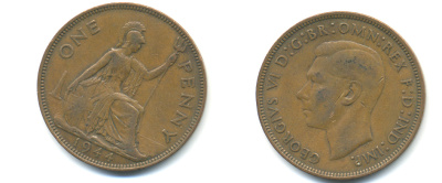Великобритания 1 пенни 1944 Георг VI (1936-1952) KM 845, Spink 4114 бронза 89-212