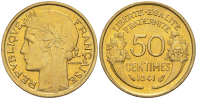 ФРАНЦИЯ 50 САНТИМОВ 1941 ТИП MORLON KM 894.1, LE FRANC 192.18 алюминиевая бронза 44-527