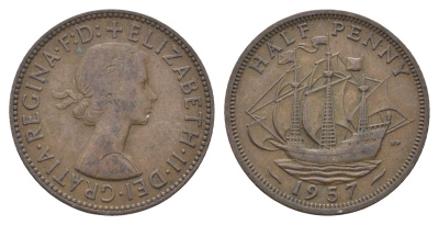 Великобритания 1/2 пенни 1957 Елизавета II (1952-2022) KM 896, Spink 4158 бронза 4662-1142