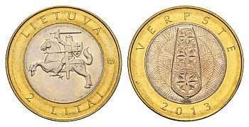 Литва 2 лита 2013 Создано человеком и природой - Прялка KM 187 биметалл UNC 4698-1252
