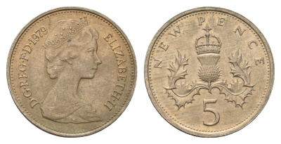 Великобритания 5 пенсов 1979 Елизавета II (1952-2022) KM 911, Spink 4233 (D1) медно-никель 4673-916
