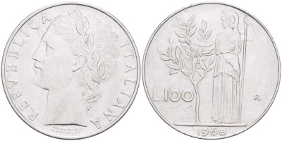ИТАЛИЯ 100 ЛИР 1968 R, АФИНА KM 96.1 нержавеющая сталь 4526-323