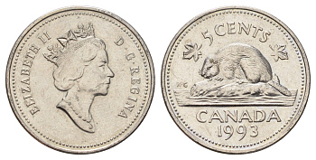 Канада 5 центов 1993 Елизавета II (1952-2022), бобр KM 182 медно-никель aUNC 4689-436