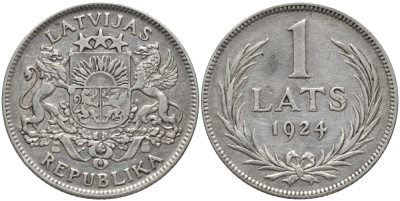 Латвия 1 лат 1924 Первая республика (1918-1939) KM 7 серебро 75-1946