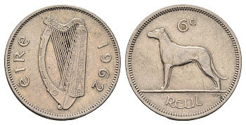 Ирландия 6 пенсов 1962 собака, ирландский волкодав KM 13a медно-никель 4682-555