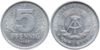 ГДР 5 ПФЕННИГОВ 1983 A КМ 9.2 алюминий 261-658