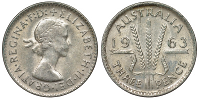 Австралия 3 пенса 1963 m, Елизавета II (1952-2022) KM 57 серебро 71-911