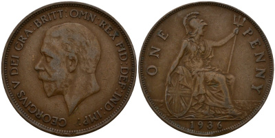 Великобритания 1 пенни 1936 Георг V (1910-1936) KM 838, Spink 4055 бронза 4599-242