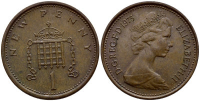 Великобритания 1 пенни 1975 Елизавета II (1952-2022) KM 915, Spink 4237 (B1) бронза 3458-224