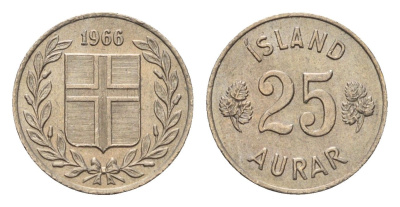 Исландия 25 эйре 1966 KM 11 медно-никель UNC 4690-639