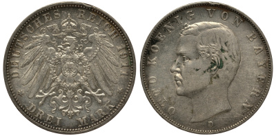 Бавария 3 марки 1911 Отто (1886-1913) Weege 45, J. 47, KM 515 серебро 3711-2021