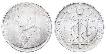Ватикан 10 лир 1967 MCMLXVII, год-тип KM 95 алюминий UNC 4700-632