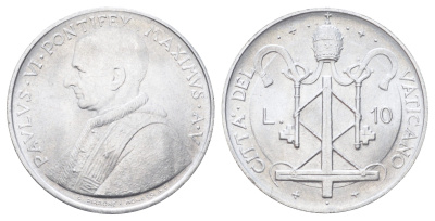 Ватикан 10 лир 1967 MCMLXVII, год-тип KM 95 алюминий UNC 4700-632