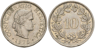 Швейцария 10 раппенов 1975 KM 27 медно-никель 4189-424