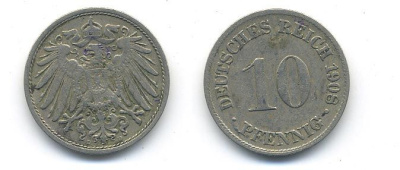 ГЕРМАНИЯ 10 ПФЕННИГОВ 1908 D KM 12, J. 13 медно-никель 58-334