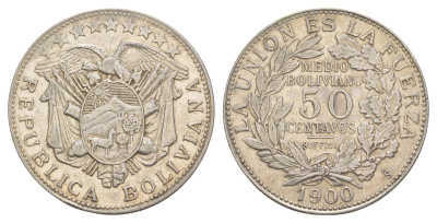 Боливия 50 сентаво 1900 KM 175 серебро 1519-644