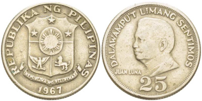 ФИЛИППИНЫ 25 СЕНТИМО 1967 ХУАН ЛУНА KM 199 медь цинк никель 4513-926