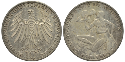 ФРГ 10 марок 1972 F, XX летние Олимпийские Игры, Мюнхен 1972, спортсмены KM 132, J.403 серебро 413-4841
