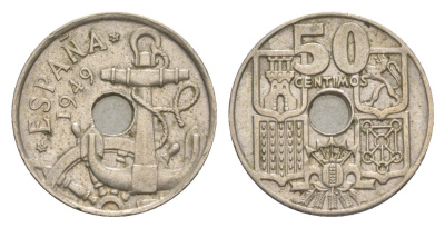 Испания 50 сентимо 1949 (62) Франсиско Франко (1939-1975) KM 777 медно-никель 4623-646