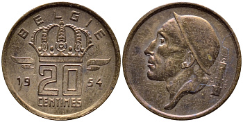 Бельгия 20 сантимов 1954 Belgie, Бодуэн I (1951-1993) KM 147.1 бронза 4392-854
