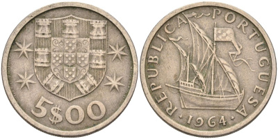 Португалия 5 эскудо 1964 парусник KM 591 медно-никель 4126-615