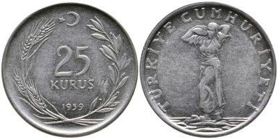 ТУРЦИЯ 25 КУРУШЕЙ 1959 KM 892.1 нержавеющая сталь 4541-534