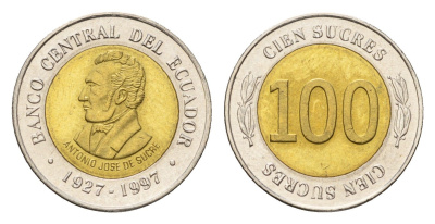 Эквадор 100 сукре 1997 70 лет Центробанку KM 101 биметалл UNC 4697-432