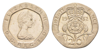 Великобритания 20 пенсов 1982 Елизавета II (1952-2022) KM 931, Spink 4230 (G1) медно-никель 4639-814
