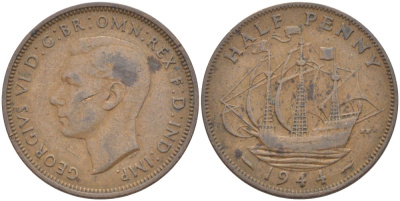 Великобритания 1/2 пенни 1944 Георг VI (1936-1952) KM 844, Spink 4115 бронза 59-1445