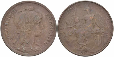 Франция 10 сантимов 1917 тип Даниэль Дюпюи KM 843, LA FRANC 136.29 бронза 109-432