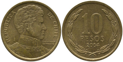 Чили 10 песо 2004 So KM 228.2, Schon 82 алюминиевая бронза 4544-727
