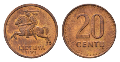 Литва 20 центов (сентов) 1991 год-тип KM 89 бронза UNC 4694-1229