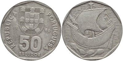 ПОРТУГАЛИЯ 50 ЭСКУДО 1986 KM 636 медно-никель 4394-813
