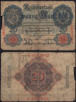 Германия 20 марок 1914 Pick 46b бумага 8592-43-1-2