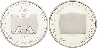 ФРГ 10 евро 2002 G, 50 лет немецкому телевидению KM 219, DE. S. 10.5 серебро PROOF 1076-3-11