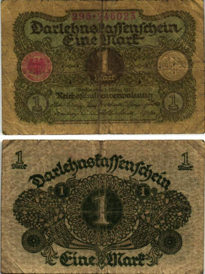 Германия 1 марка 1920 1 марта 1920, веймарская республика Pick 58, Rosenberg 64 бумага 8616-12-1-2