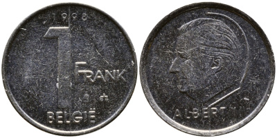 БЕЛЬГИЯ 1 ФРАНК 1998 BELGIE, АЛЬБЕРТ II (1993-) KM 188 железо плакированное никелем 4387-643