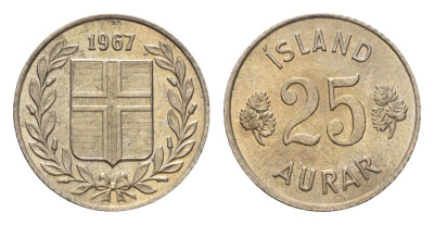Исландия 25 эйре 1967 KM 11 медно-никель UNC 4690-643