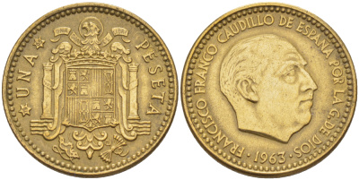 Испания 1 песета 1963 (65) Франсиско Франко (1939-1975) KM 775 алюминиевая бронза 216-555