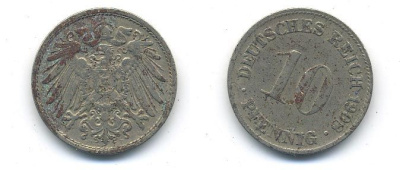 ГЕРМАНИЯ 10 ПФЕННИГОВ 1908 D KM 12, J. 13 медно-никель 58-343