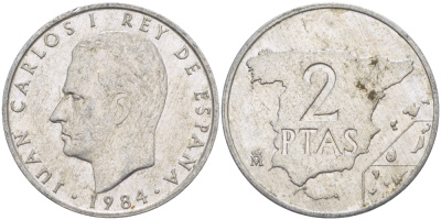 ИСПАНИЯ 2 ПЕСЕТЫ 1984 ХУАН КАРЛОС I ( 1975-) KM 822 алюминий 216-436