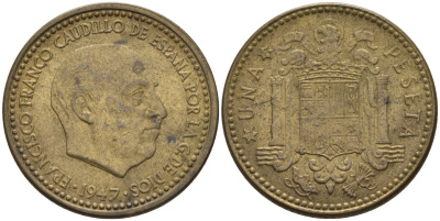 Испания 1 песета 1947 (52) Франсиско Франко (1939 - 1975) KM 775 алюминиевая бронза 4155-323