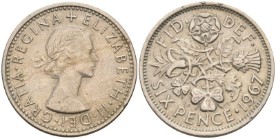 Великобритания 6 пенсов 1967 Елизавета II (1952-2022) KM 903, Spink 4149 медно-никель 4115-736