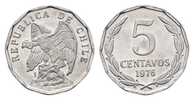 Чили 5 сентаво 1976 год-тип KM 204a алюминий UNC 4620-246