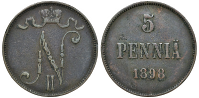 Россия для Финляндии 5 пенни 1898 Николай II (1894-1917) KM 15, Биткин 443 медь 51-834