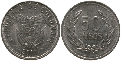 Колумбия 50 песо 2010 KM 283.2a никель латунь 4538-1045