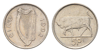 Ирландия 5 пенсов 1992 бык KM 28 медно-никель 4696-514