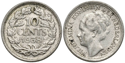 Нидерланды 10 центов 1938 Вильгельмина I (1890-1948) KM 163 серебро 4549-1046