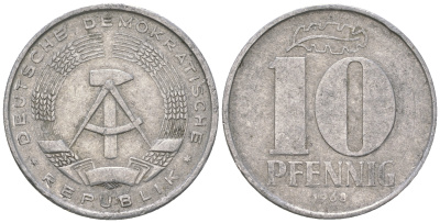 ГДР 10 пфеннигов 1968 A KM 10 алюминий 3459-621
